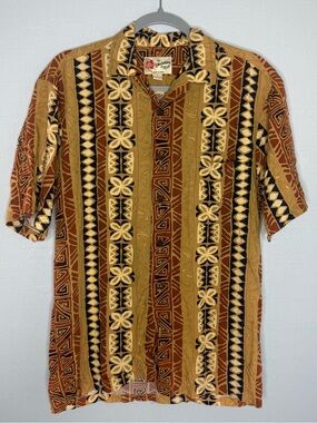 Hilo Hattie Men's Short-Sleeve Button-Down Shirt in Mustard, Brown and Black